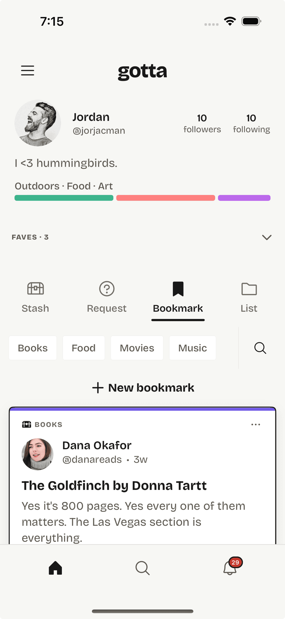 A friend's recommendation of The Goldfinch bookmarked in gotta