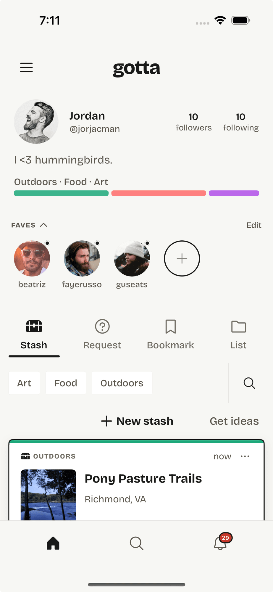 A gotta profile with stashes, favorite people, and taste categories