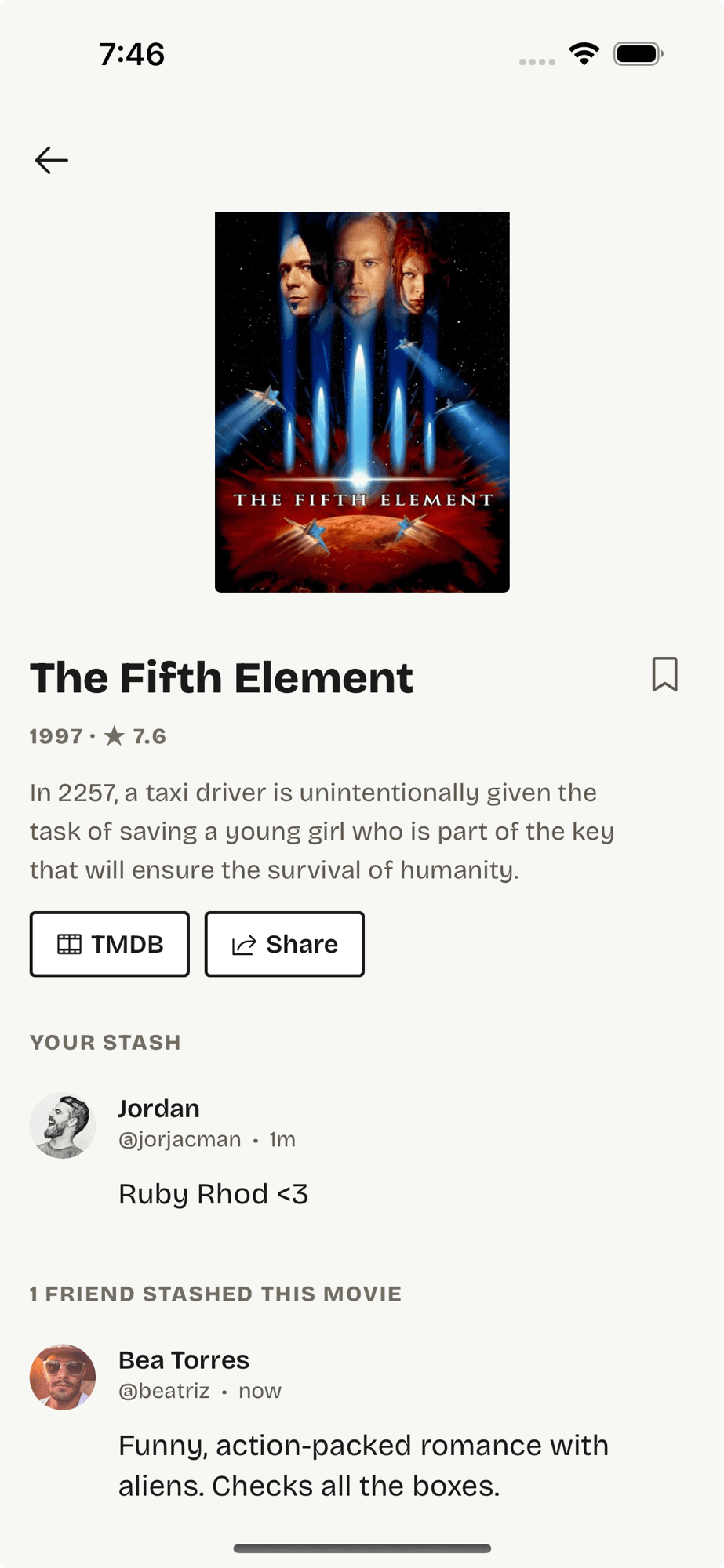 The Fifth Element movie page in gotta showing your stash and a friend who stashed it too