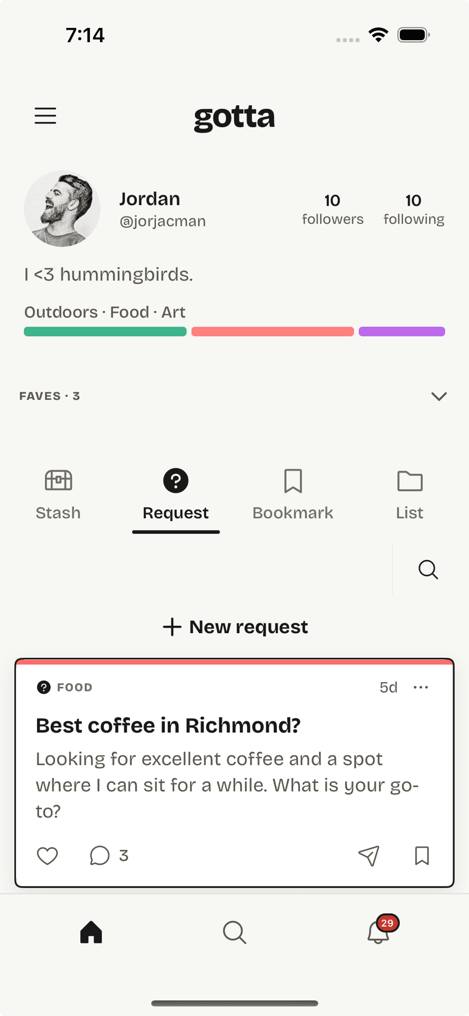 A request in gotta asking “Best coffee in Richmond?” with replies