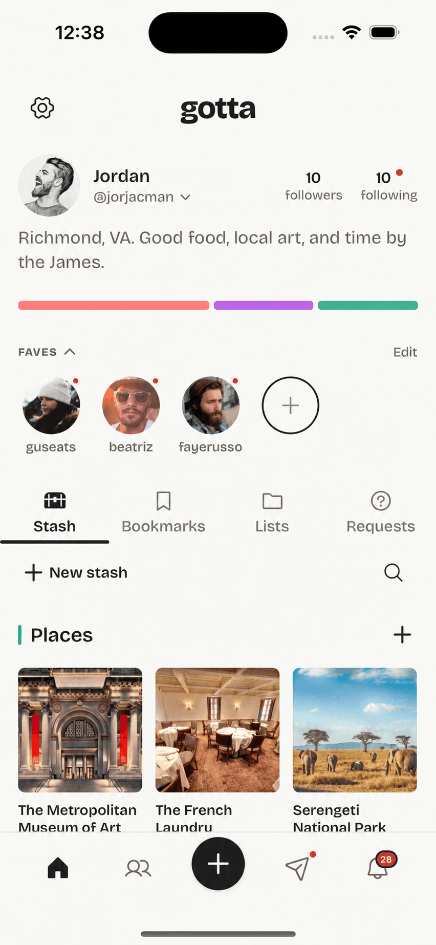 A gotta profile showing the user’s stash, favorite people, and taste categories
